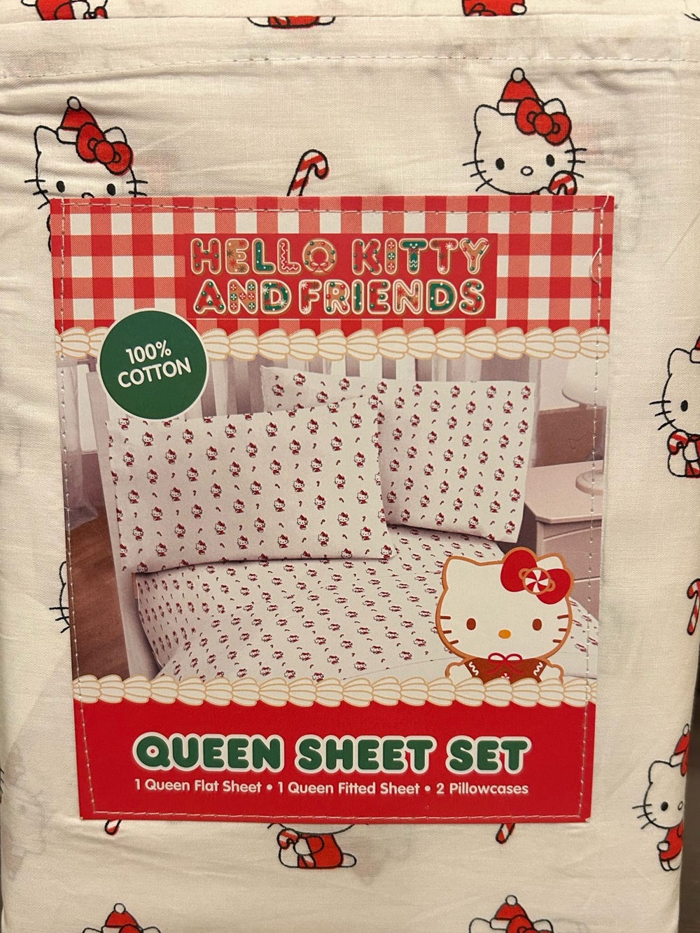 Hello Kitty & Friends Queen Sheet Set White & Red Candy Cane 100% Cotton NWT